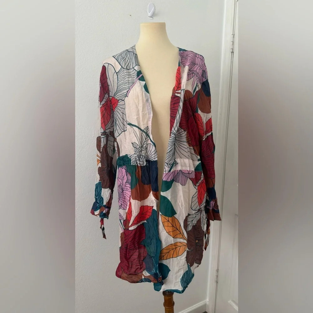 Open-Front Multicolor Leaf-Print Tunic Cardigan